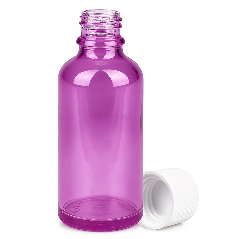 Butelka 50 ml z zakrętką 11 mm, biała, standardowa, zabezpieczona przed dziećmi PurpleLine UT18/50 Fioletowa butelka z zakraplaczem 50 ml z otworem 11 mm i zakrętką zabezpieczającą przed dziećmi do olejków eterycznych