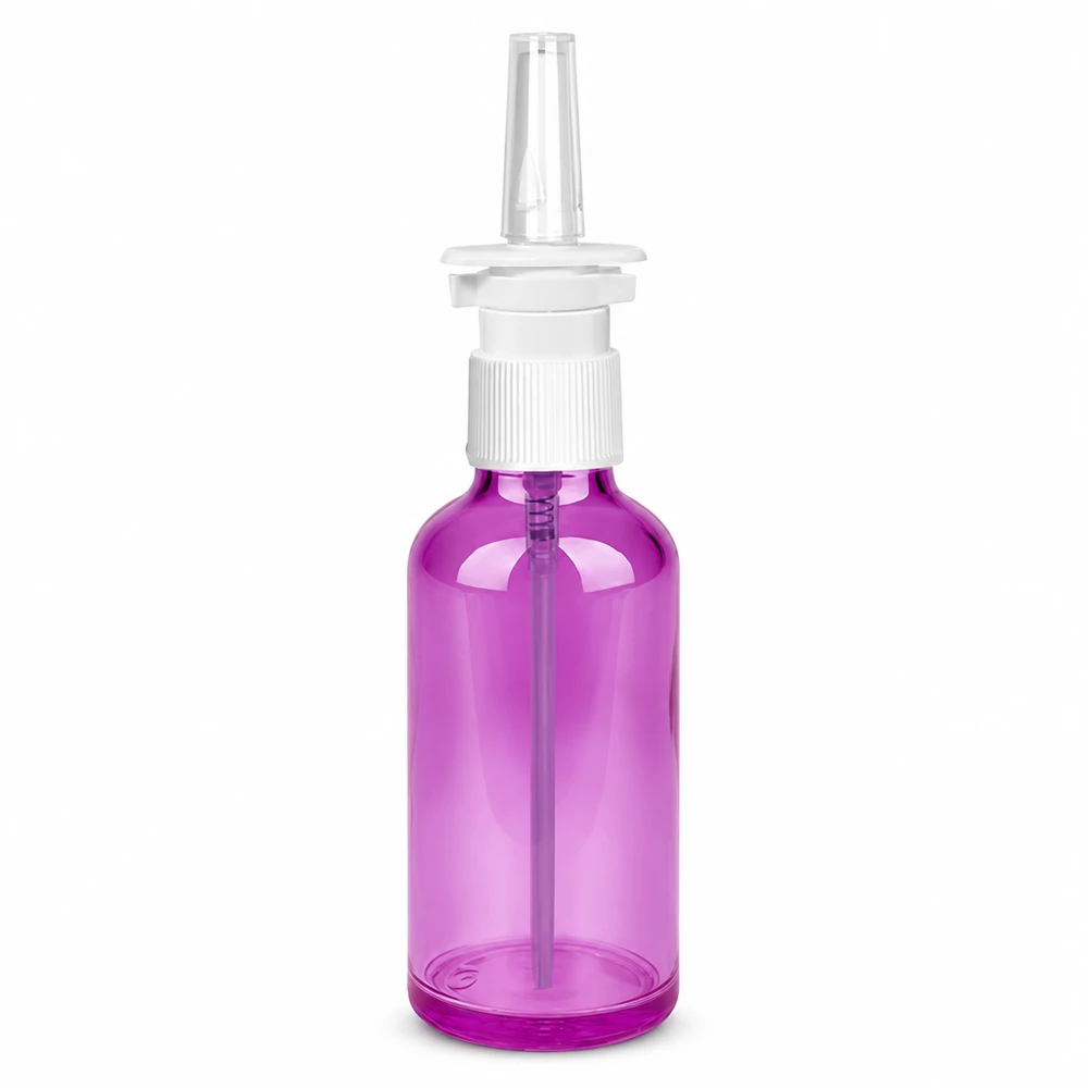 50 ml butelka z rozpylaczem do nosa w przezroczystym fioletowym kolorze z białą pompką rozpylającą do aplikacji do nosa
