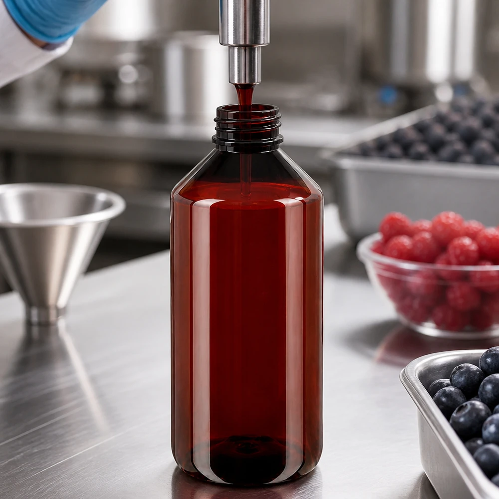 Ekstrakt z czerwonych jagód jest rozlewany maszynowo do brązowych butelek PET o pojemności 750 ml z nakrętką OV