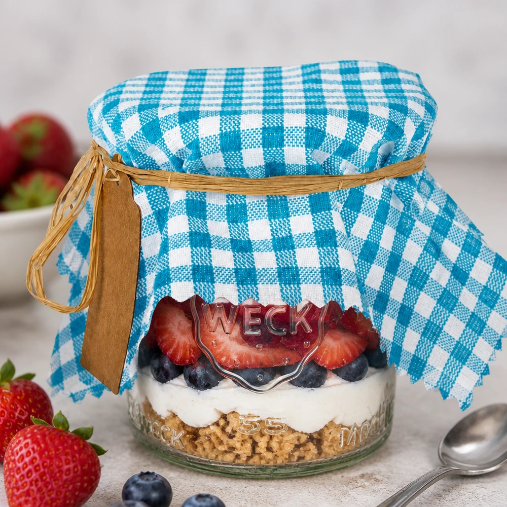 Tkanina serwetka turkusowa w kratkę 150x150mm kwadratowa Türkis-kariertes Stoff Schmuckdeckchen auf Dessertglas mit Beeren-Schichtdessert und Raffiabast-Verschluss dekoriert