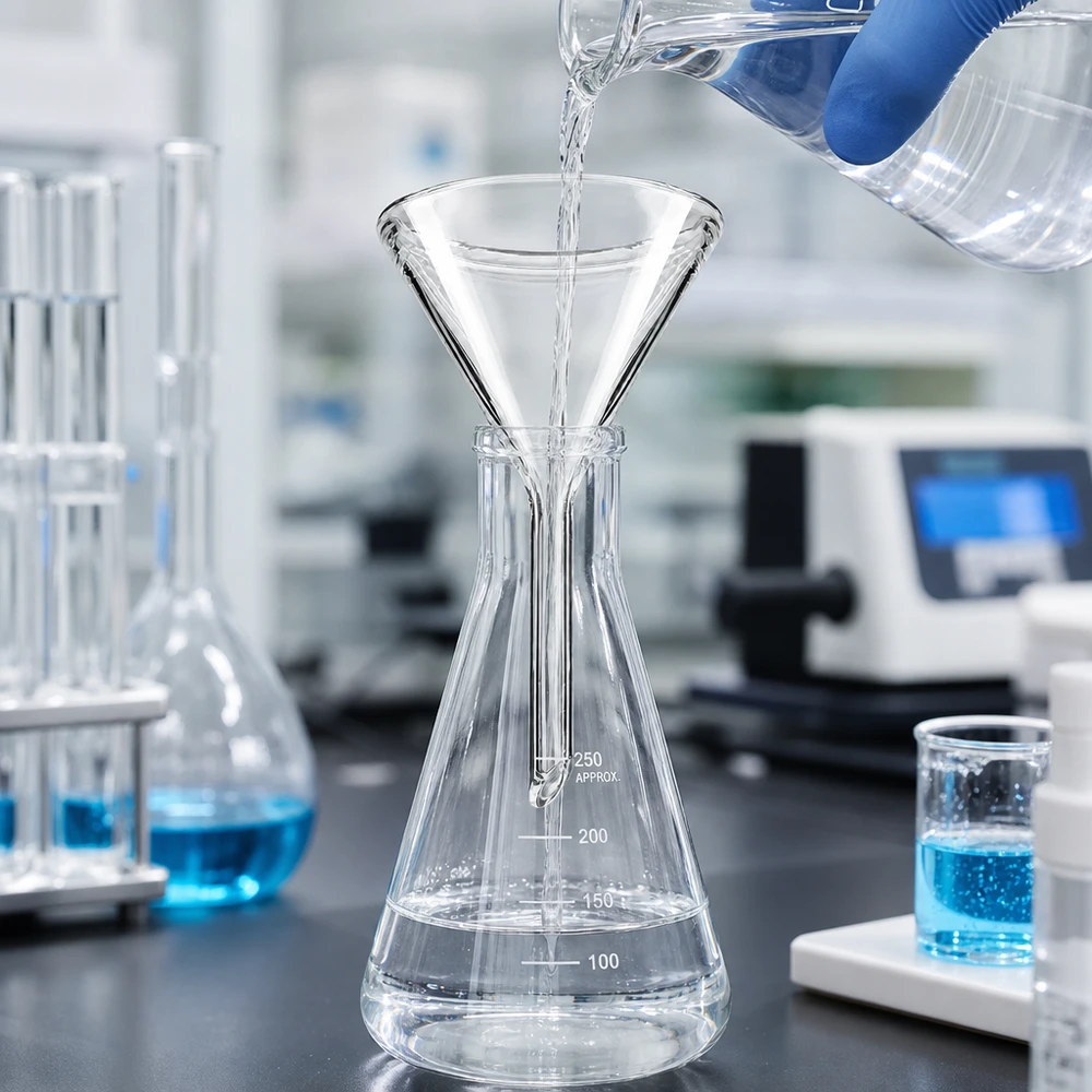 Lejek Ø 45 mm do wapna sodowanego, kąt 60°, krótki Precyzyjny szklany lejek o średnicy 45 mm i kącie 60 stopni do prac laboratoryjnych i analiz