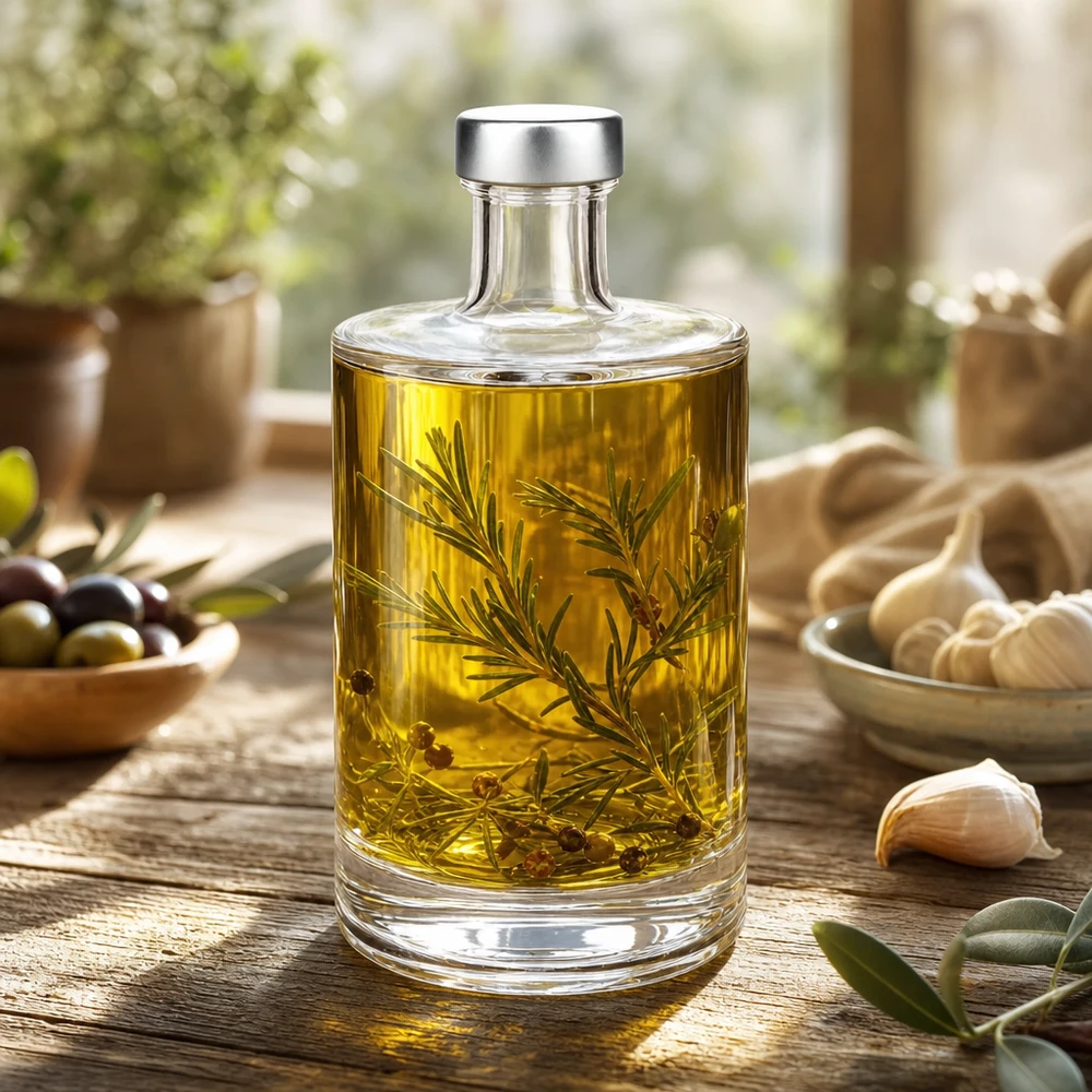 500ml szklana butelka Sam wypełniona oliwą rozmarynowo-ziołową pomiędzy oliwkami czosnkowymi Śródziemnomorska sceneria kuchenna