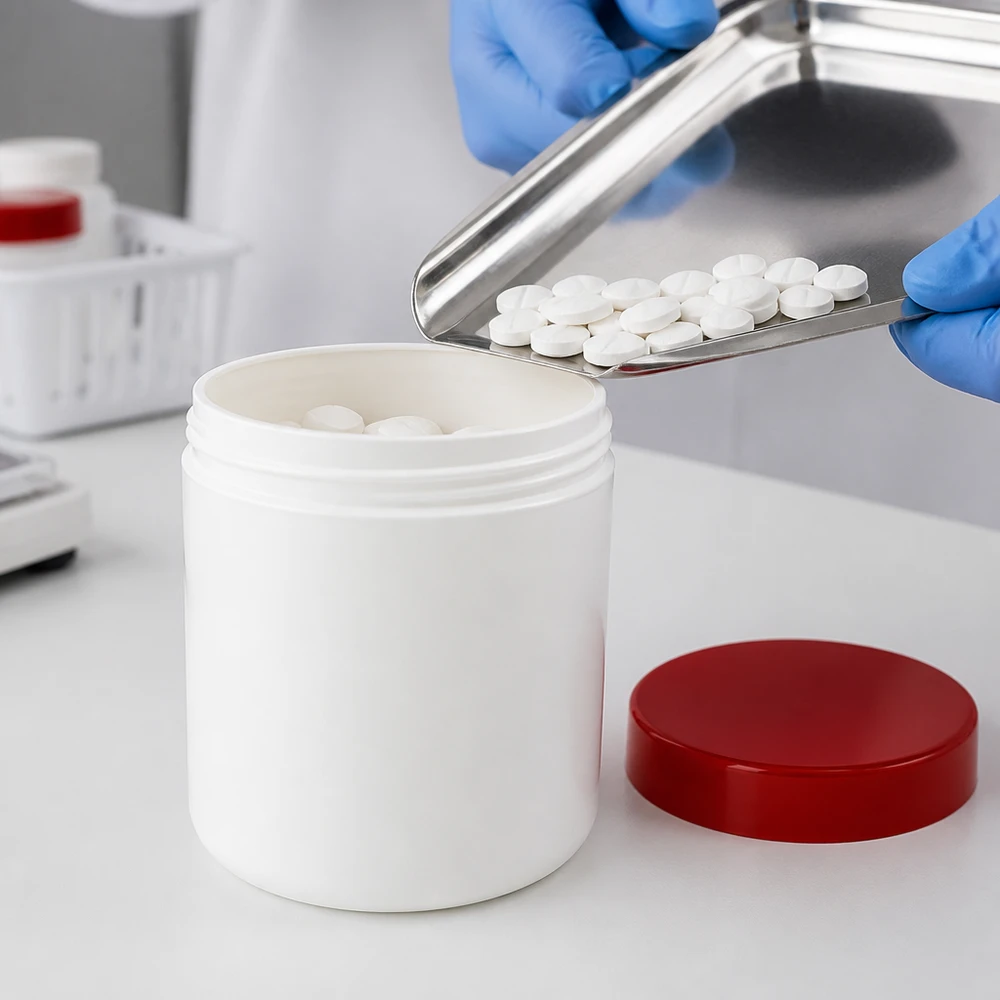 Słoik na maść 500g biały z czerwoną zakrętką (PP) Rozlewanie tabletek zgodnie z normami farmaceutycznymi do białych słoików na maści o pojemności 500 g z czerwoną zakrętką z PP