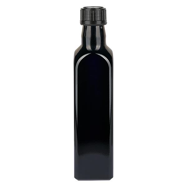 Kwadratowa butelka z fioletowego szkła 1000 ml (butelka na olej), UNI 10155 31,5x 24, z czarną zakrętką 103574 Kwadratowa butelka z fioletowego szkła 1000 ml (butelka na olej), UNI 10155 31,5x 24, z czarną zakrętką 103574