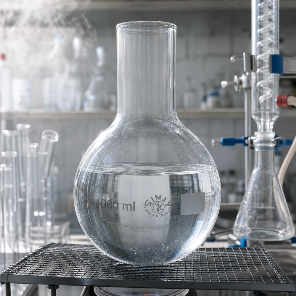 Kolba biodrowa z szeroką szyjką 1000 ml Kolba stojąca 1000 ml z szeroką szyjką ułatwiającą czyszczenie i napełnianie chemikaliami