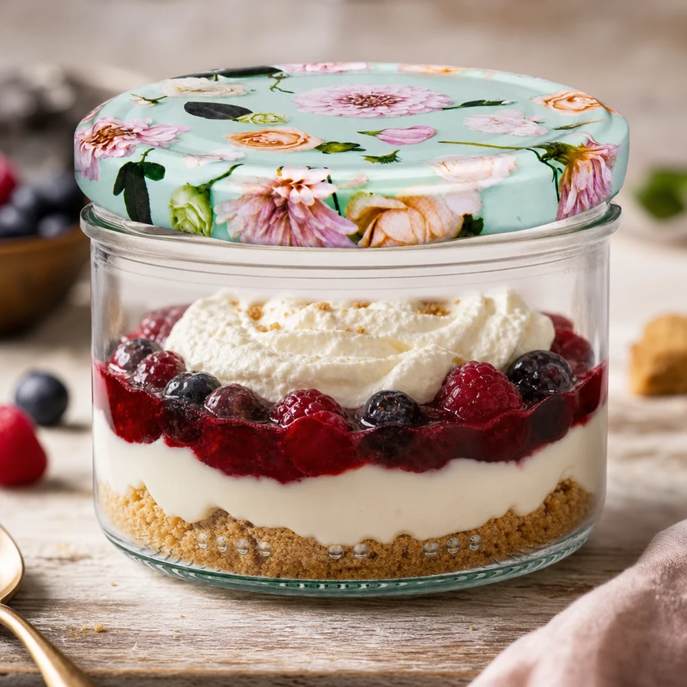 Słoik cylindryczny 230 ml + pokrywka BasicSeal w kształcie kwiatka, miętowa 230ml Zylinderglas mit BasicSeal Deckel Blume mint für Desserts - Schichtdessert mit Beeren und Sahne im Vorratsglas