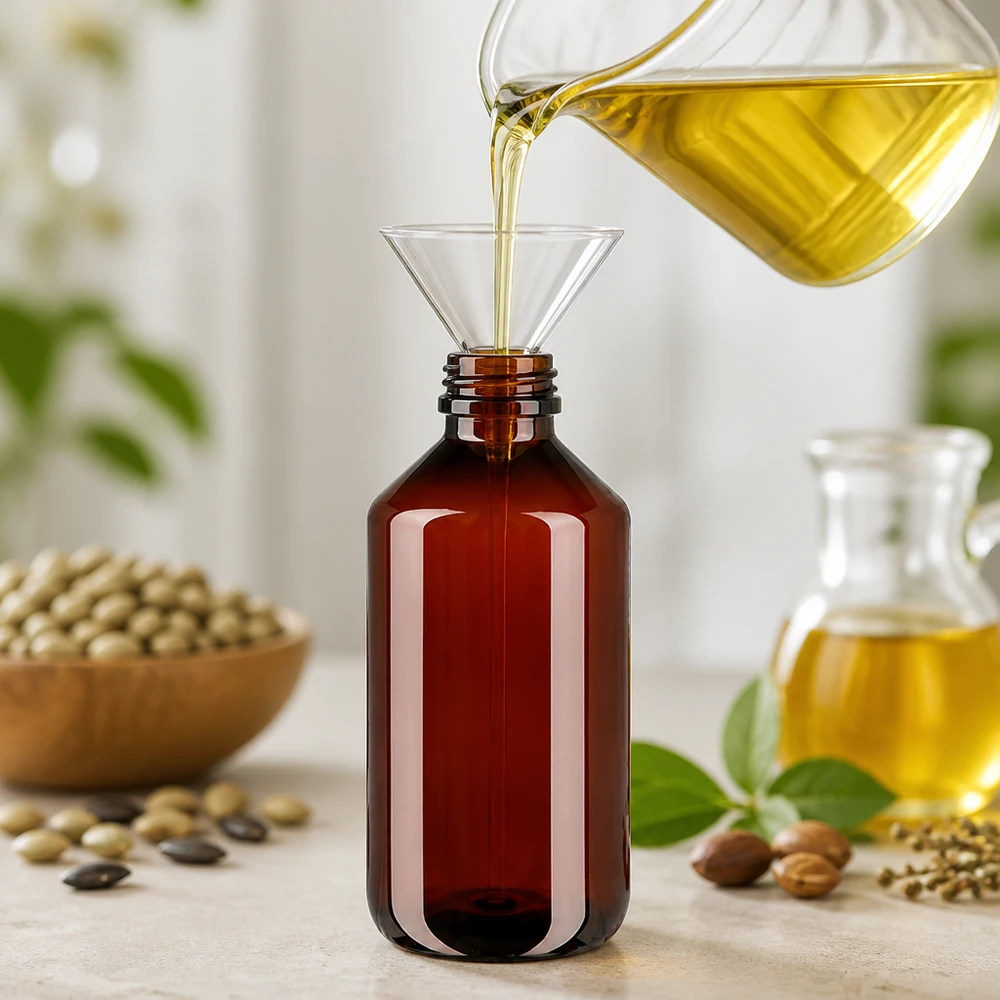 Butelka PET 500ml z czerwoną nakrętką OV Olej jest nalewany przez lejek do brązowej butelki PET o pojemności 500 ml z oryginalnym czerwonym zamknięciem