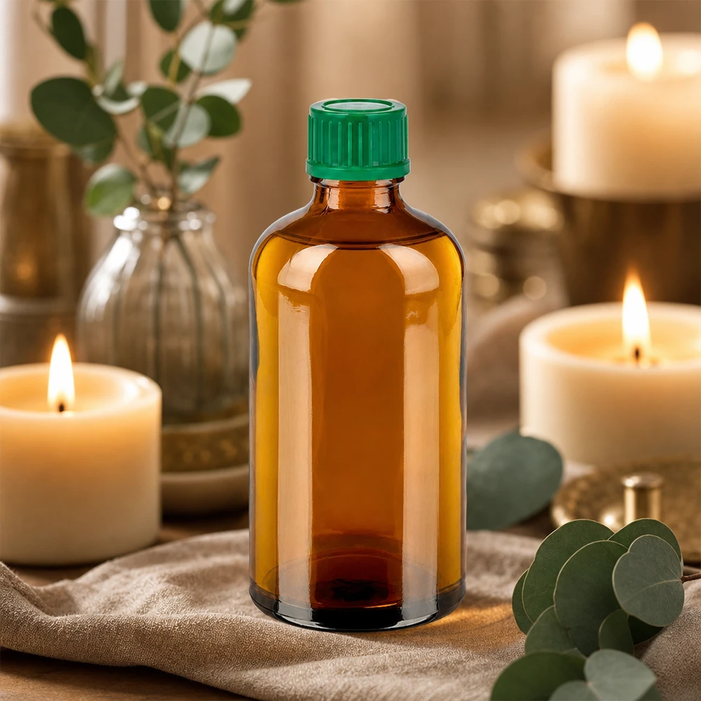 Butelka 100 ml 11 mm SV zielona STD BrownLine UT18/100 Butelka z bursztynowego szkła o pojemności 100 ml z zieloną nakrętką, idealna do olejków eterycznych i aromaterapii