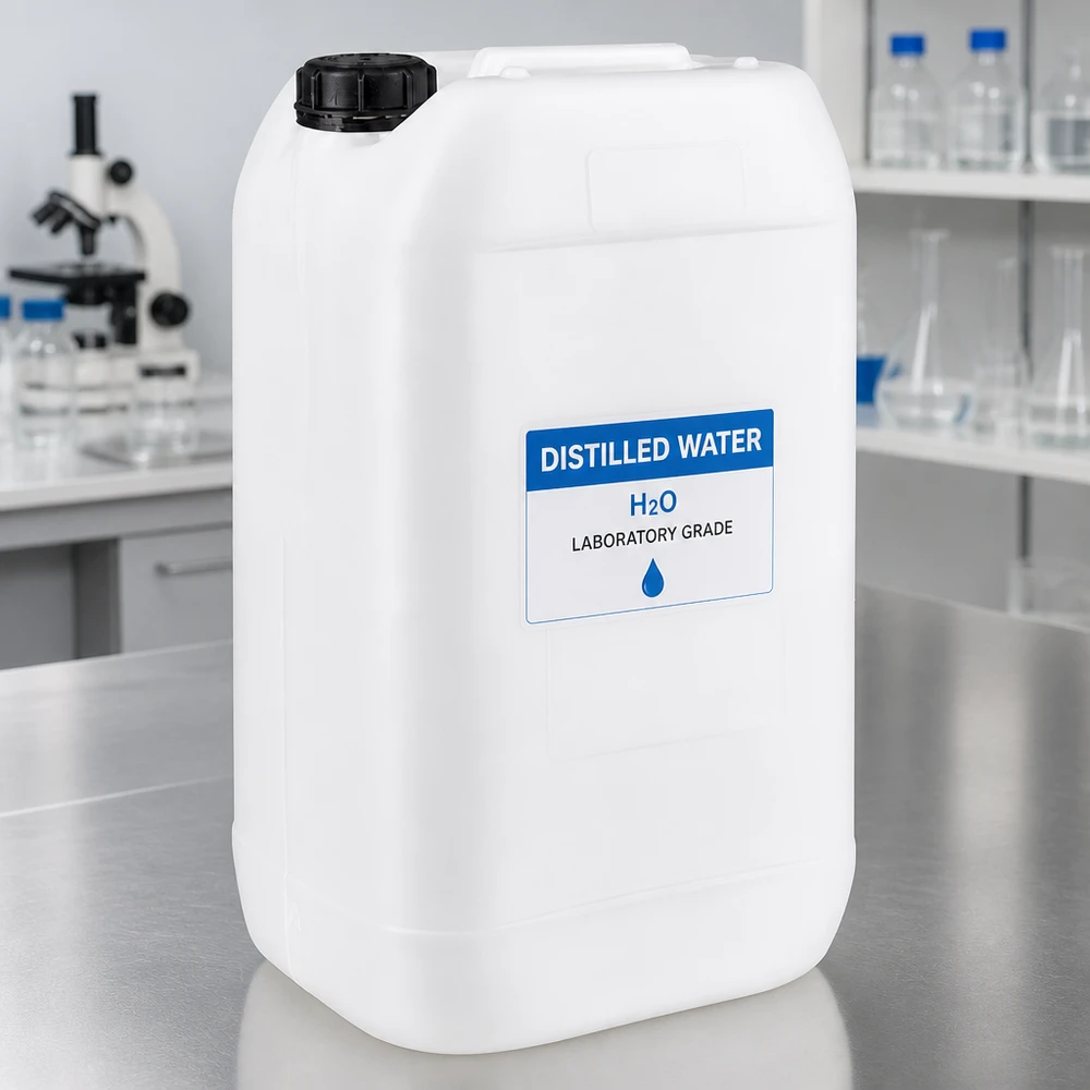 Kanister laboratoryjny o pojemności 15 litrów, wypełniony wodą destylowaną H₂O, w białym pojemniku z HDPE