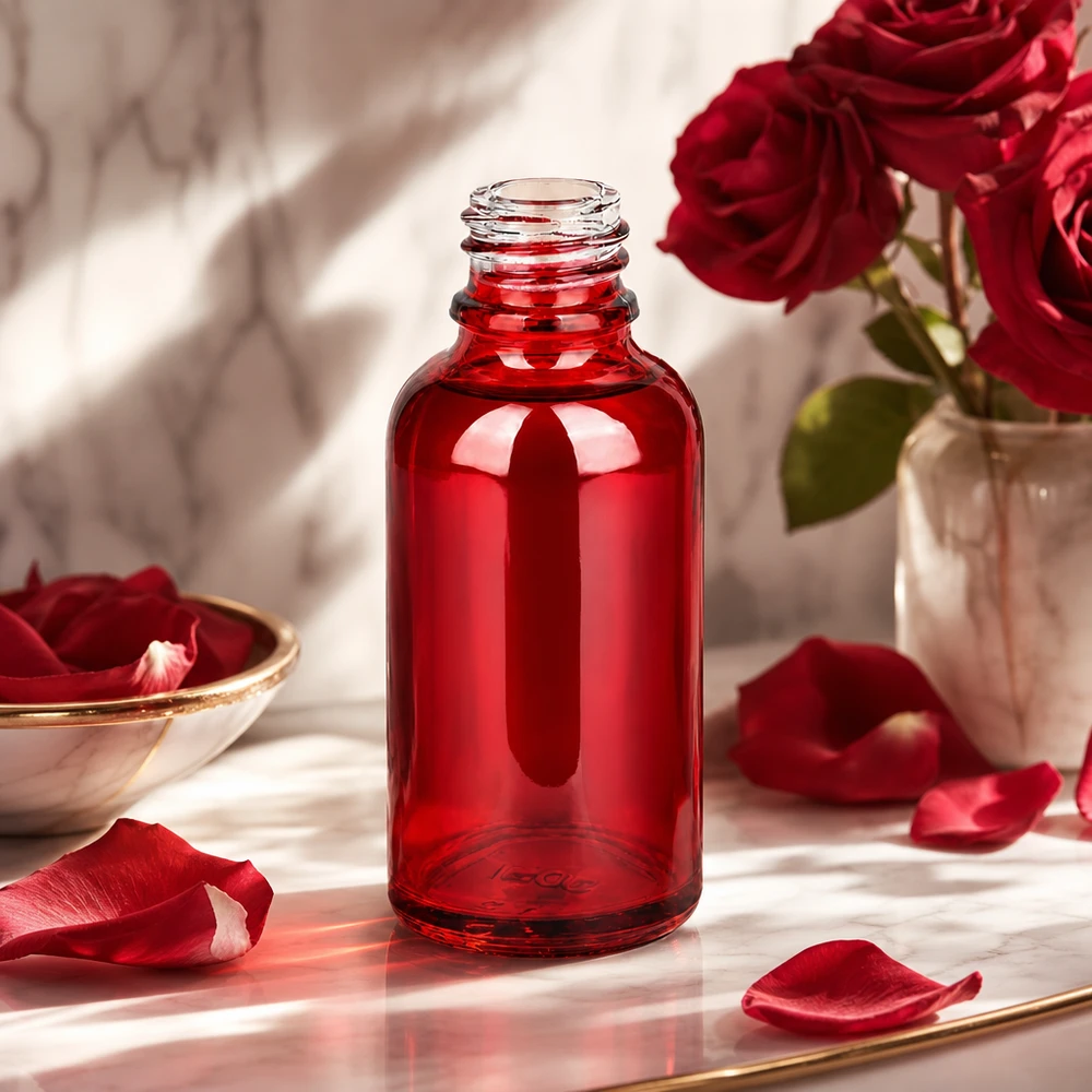 Butelka apteczna 30 ml RedLine UT18/30 UNiTWIST Szklana butelka RedLine UT18/30 UNiTWIST 30 ml w eleganckim czerwonym kolorze do zastosowań farmaceutycznych