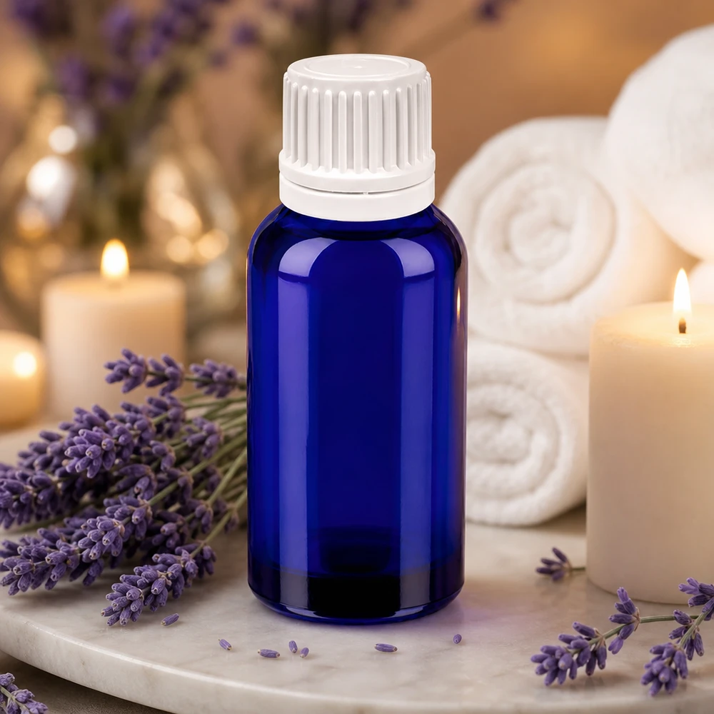Elegancka niebieska szklana butelka o pojemności 30 ml z białą zakrętką, idealna do olejków eterycznych i aromaterapii.