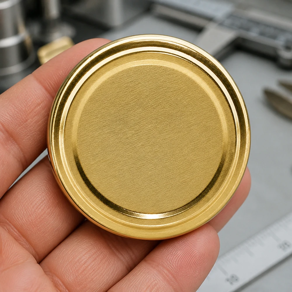 TO82 Pokrywka typu „twist-off” w kolorze złotym – zbliżenie na szczotkowaną powierzchnię, metalowa pokrywka 82 mm, BioSeal, BPA-NI, unitemp