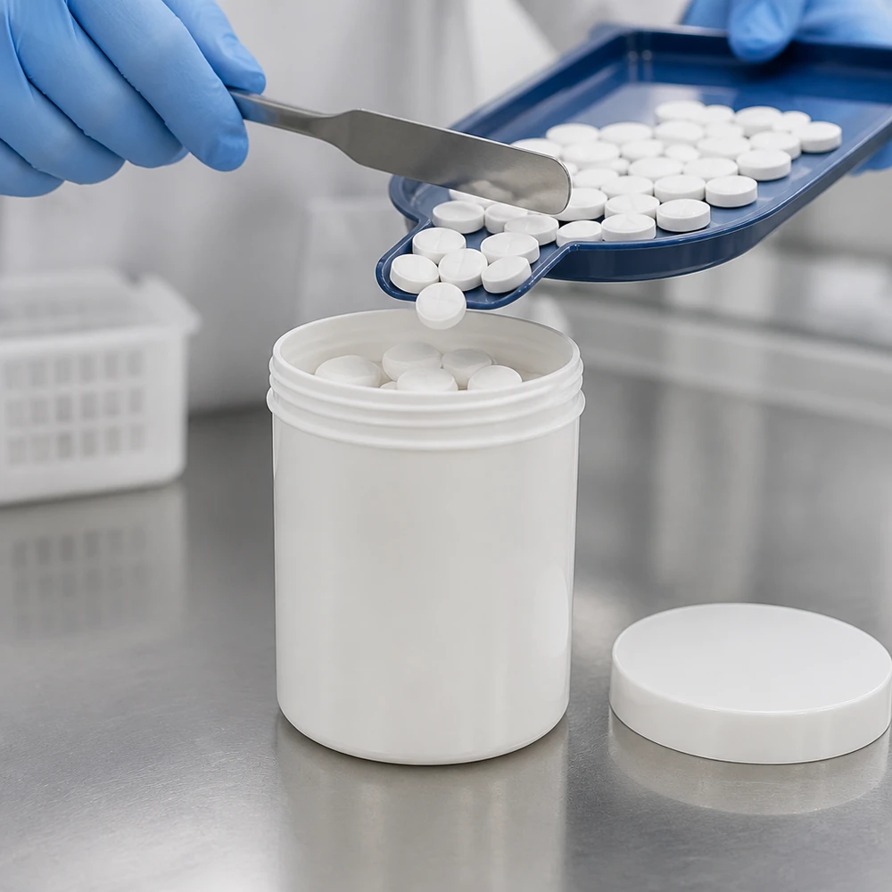 Słoik na maść 75g biały z białą zakrętką (PP) Urządzenie farmaceutyczne napełnia w pomieszczeniu czystym słoiczki na maści z PP o pojemności 75 g białymi tabletkami