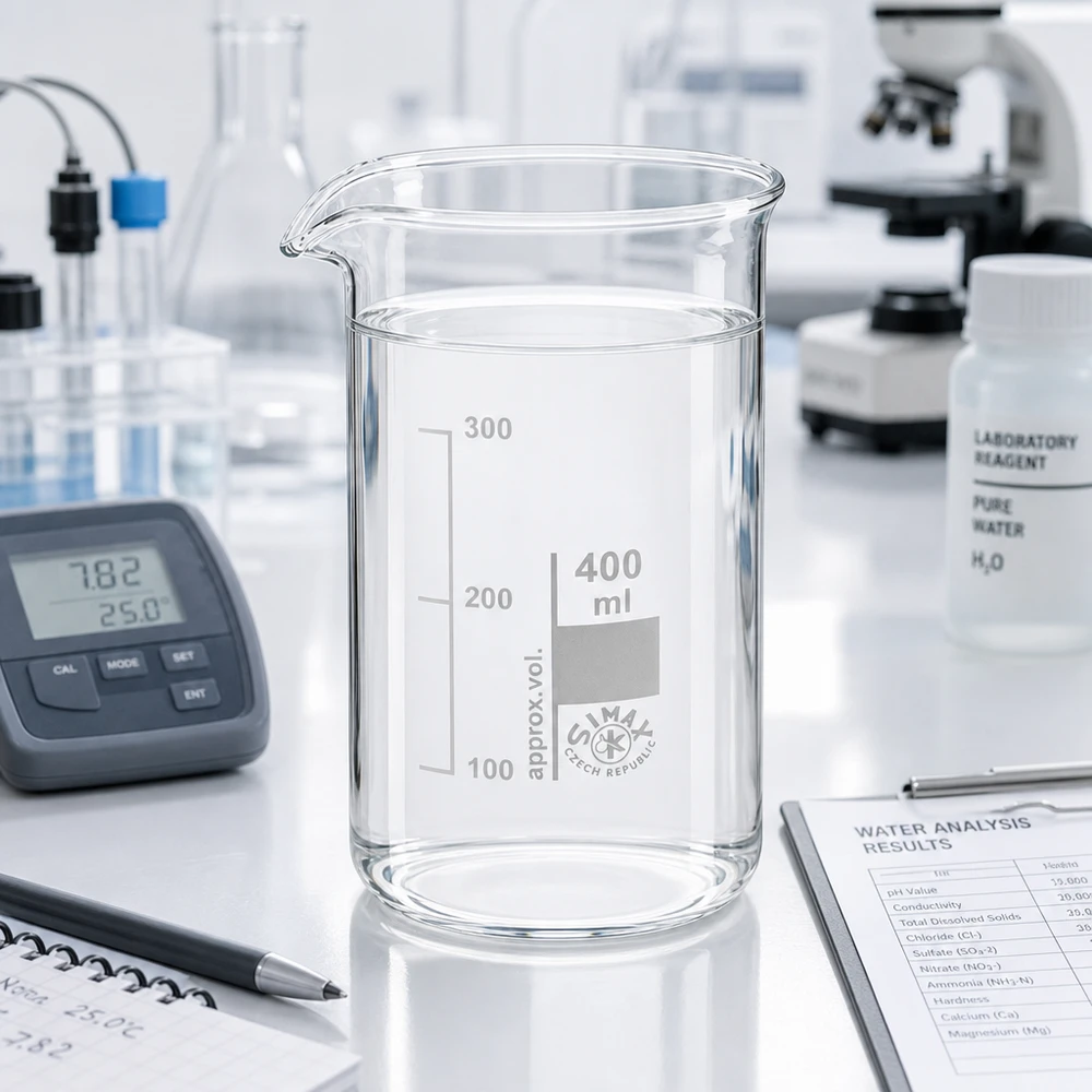 Zlewka 400 ml ze szkła borokrzemowego, wysoka Przezroczysty szklany kubek o pojemności 400 ml i wysokim kształcie, wypełniony czystą wodą, wraz z pH-metrem w laboratorium