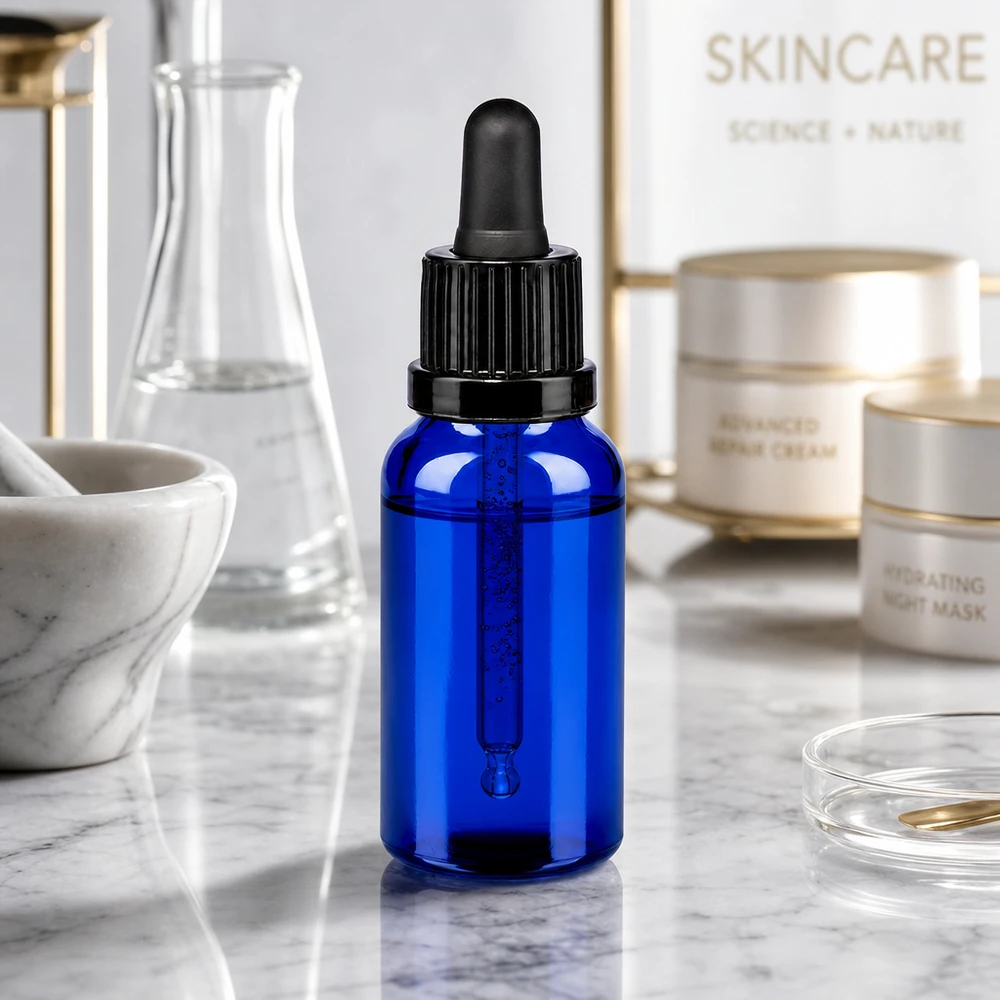 Butelka z pipetą 20 ml z czarnym zakraplaczem - elegancki design dla produktów do pielęgnacji skóry i kosmetyków.