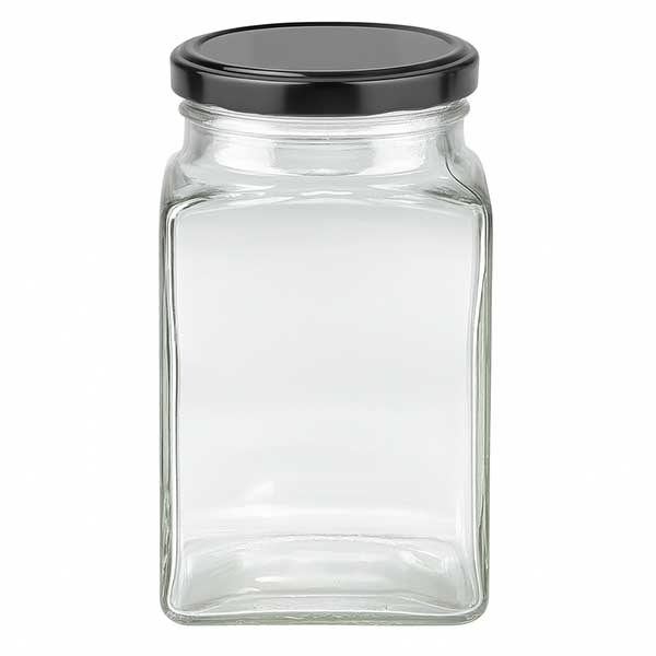 260 ml szklane opakowanie czworokątne z pokrywką BasicSeal w kolorze czarnym UN..