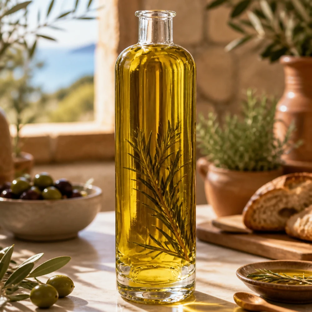 Szklana butelka Ella 500 ml bez zamknięcia UNiTWIST® 500ml Glasflasche Ella mit Olivenöl und Rosmarin gefüllt in mediterraner Küche stylisches Infusion-Beispiel