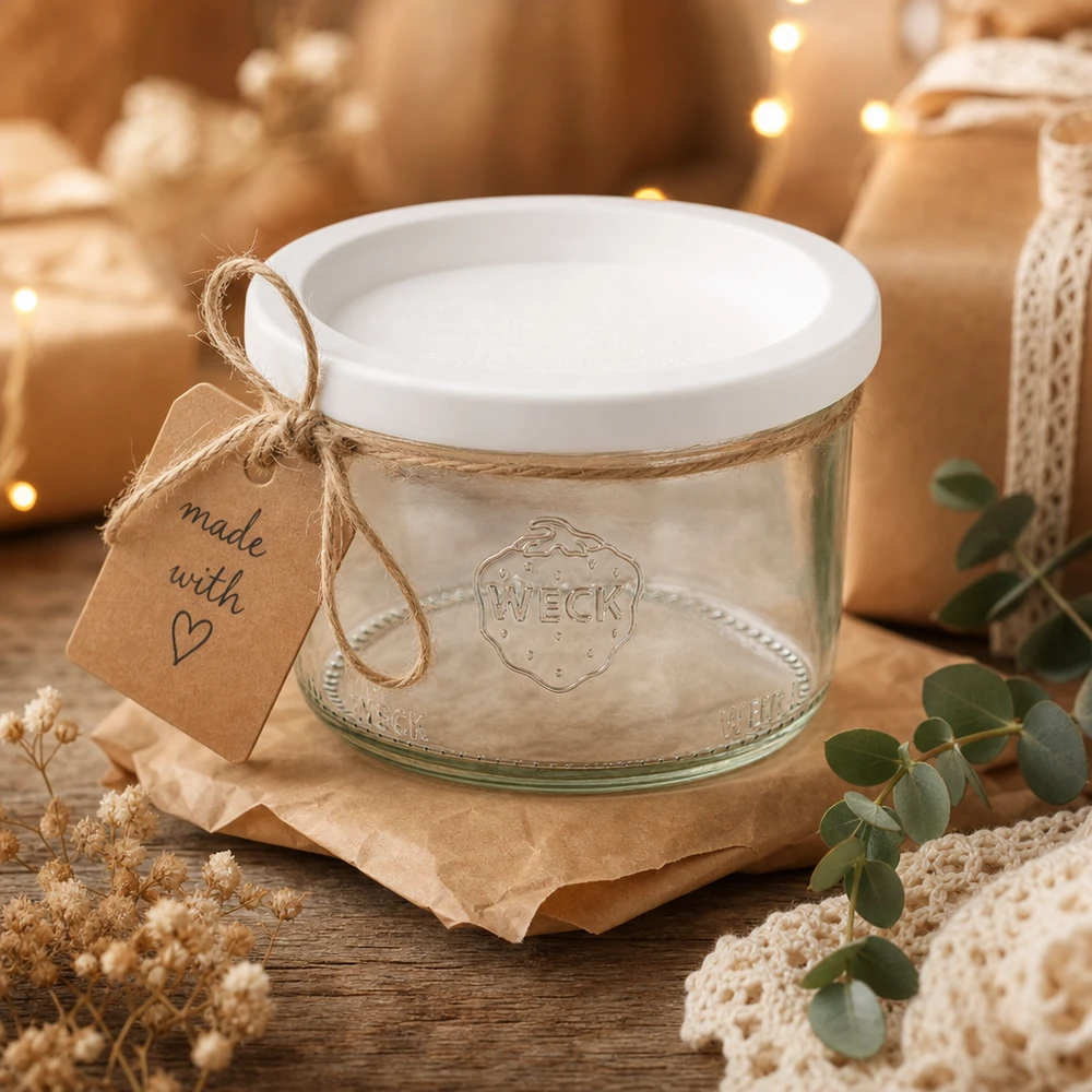 Kubki WECK 200ml RR80 jako prezent ozdobiony sznurkiem jutowym i metką Made with Love na drewnianym stole