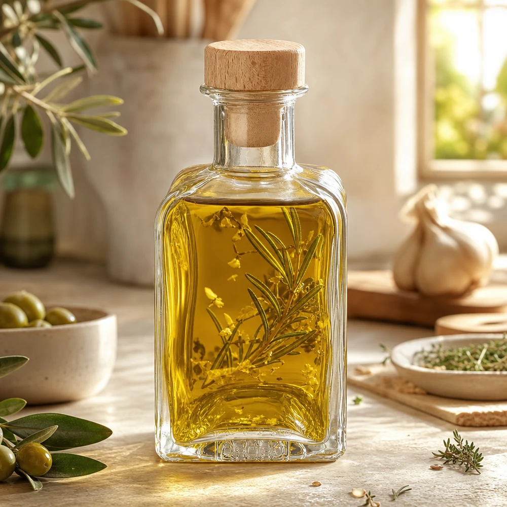 200ml szklana butelka Clara wypełniona olejkiem ziołowym gałązka rozmarynu drewniany korek dekoracja kuchenna śródziemnomorskie olejki przyprawowe