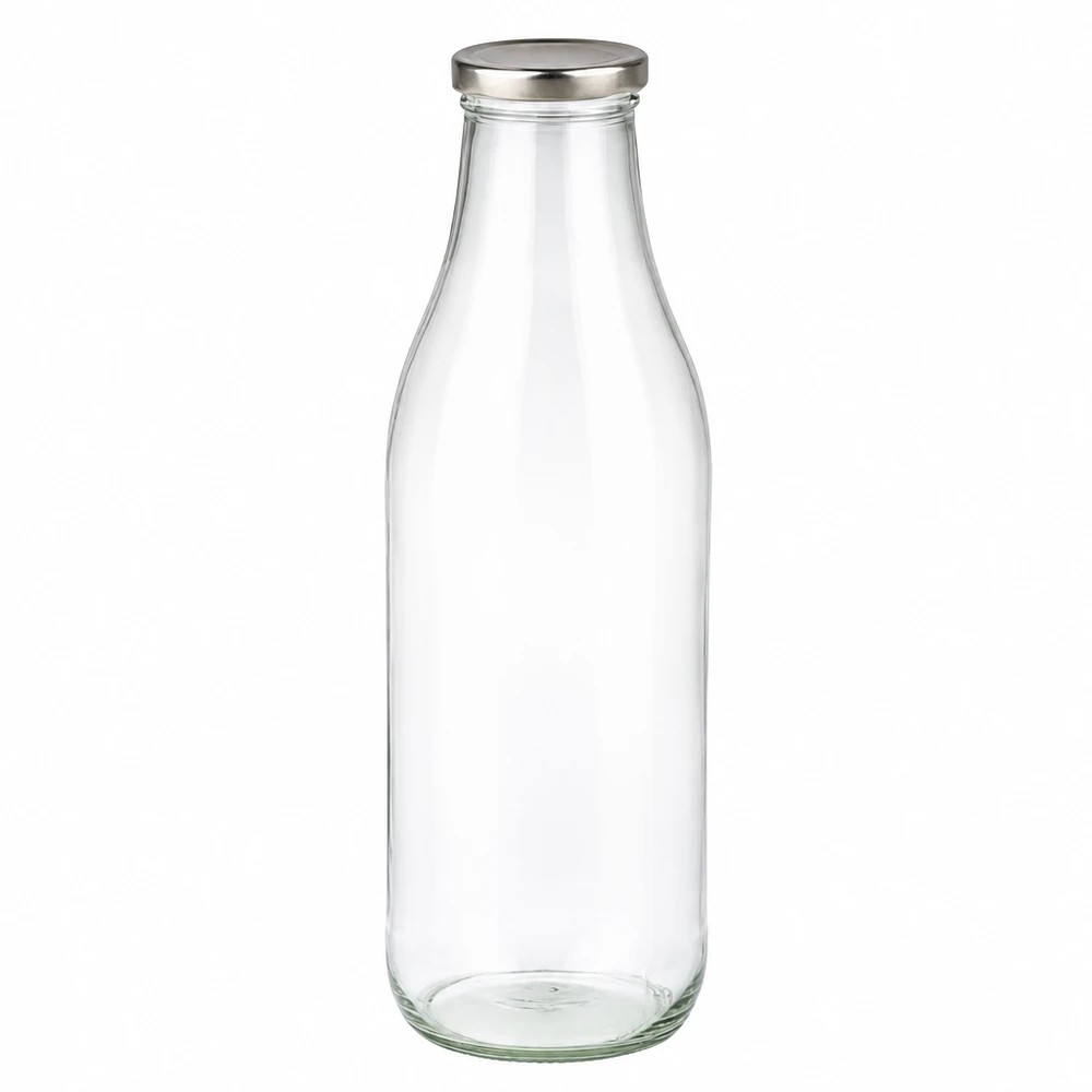 Szklana butelka 1000 ml + pokrywka BasicSeal w kolorze srebrnym UNiTWIST. Całkowicie szczelna z dużą pokrywką TO48. Do mleka, soków i lemoniady. Szklana butelka o pojemności 1000 ml ze srebrną pokrywką BasicSeal, pusta i przezroczysta, do napojów i przechowywania