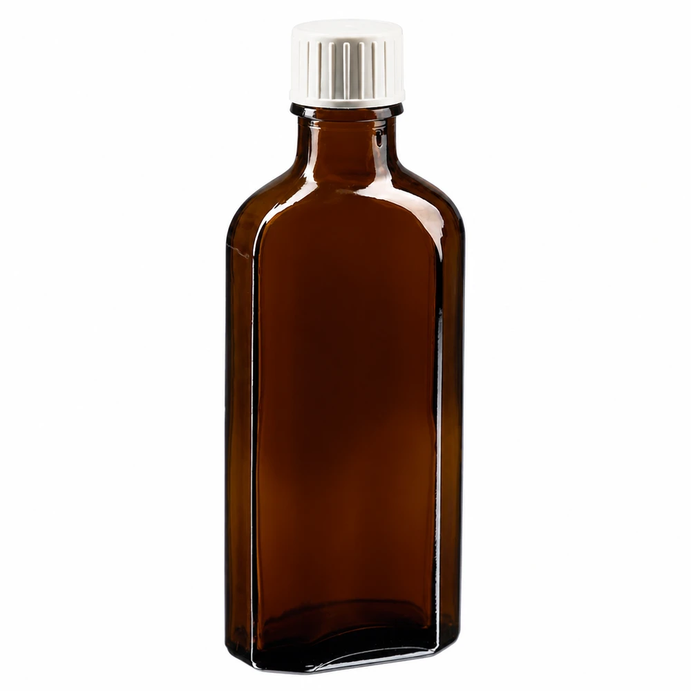 100 ml Brązowa zakrętka Meplat z pierścieniem do nalewania Brązowa butelka Meplat o pojemności 100 ml z białym zakrętkiem i pierścieniem do nalewania, wykonana z brązowego szkła