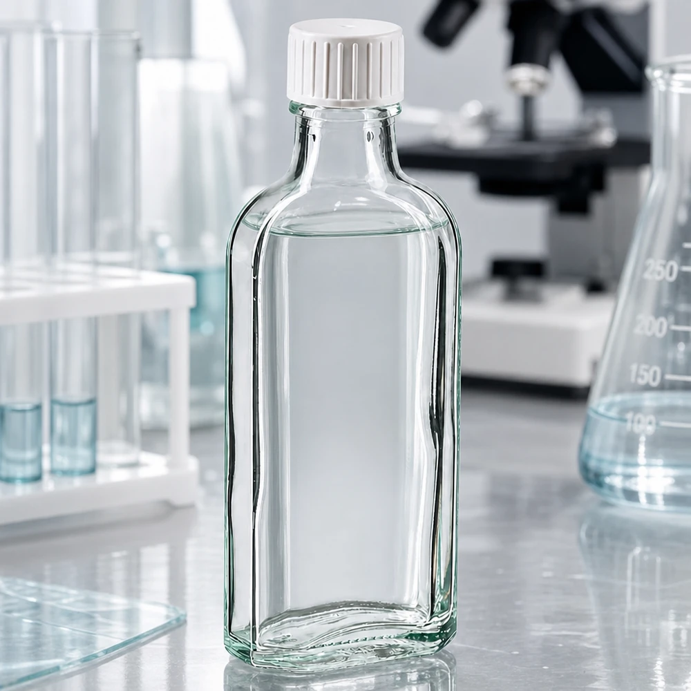 Płaska szklana butelka o pojemności 100 ml, o kształcie typu „Meplat”, z białą zakrętką i pierścieniem do nalewania, przeznaczona do użytku laboratoryjnego