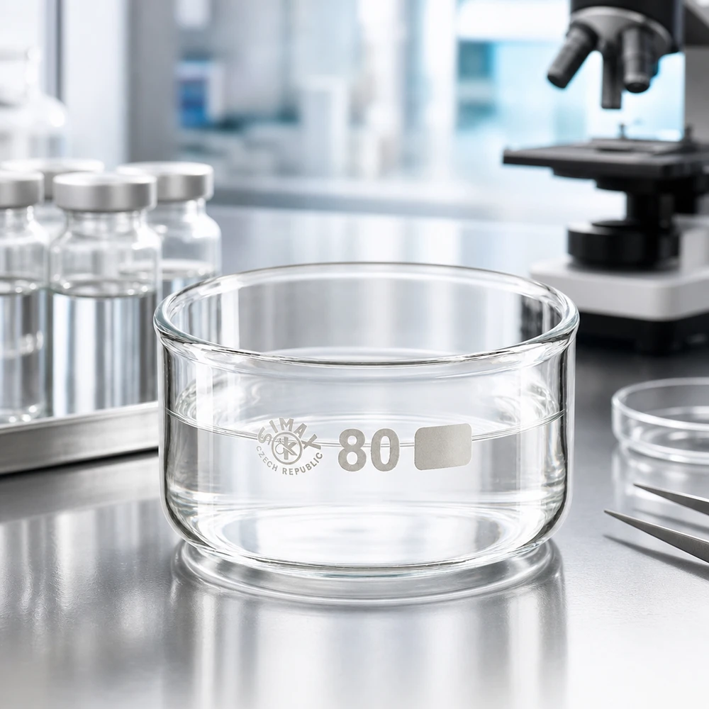 Naczynie do krystalizacji 150 ml bez dziobka borokrzemianowe Miska krystalizacyjna SIMAX o pojemności 150 ml w nowoczesnym laboratorium obok mikroskopu i szklanych fiol o średnicy 80 mm