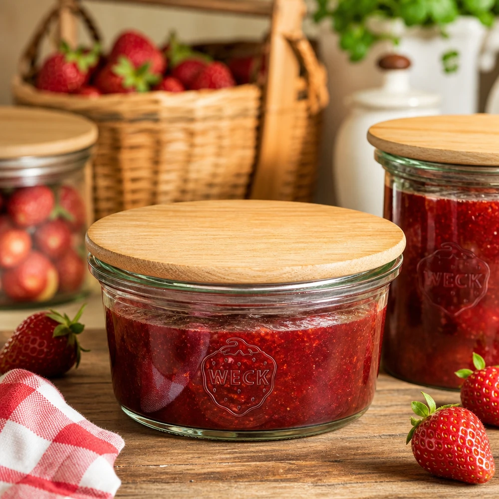 Minibutelki WECK RR60 o pojemności 50 ml z drewnianą pokrywką WECK mini słoik 50ml wypełniony dżemem truskawkowym i bambusową pokrywką w rustykalnej kuchni ze świeżymi truskawkami