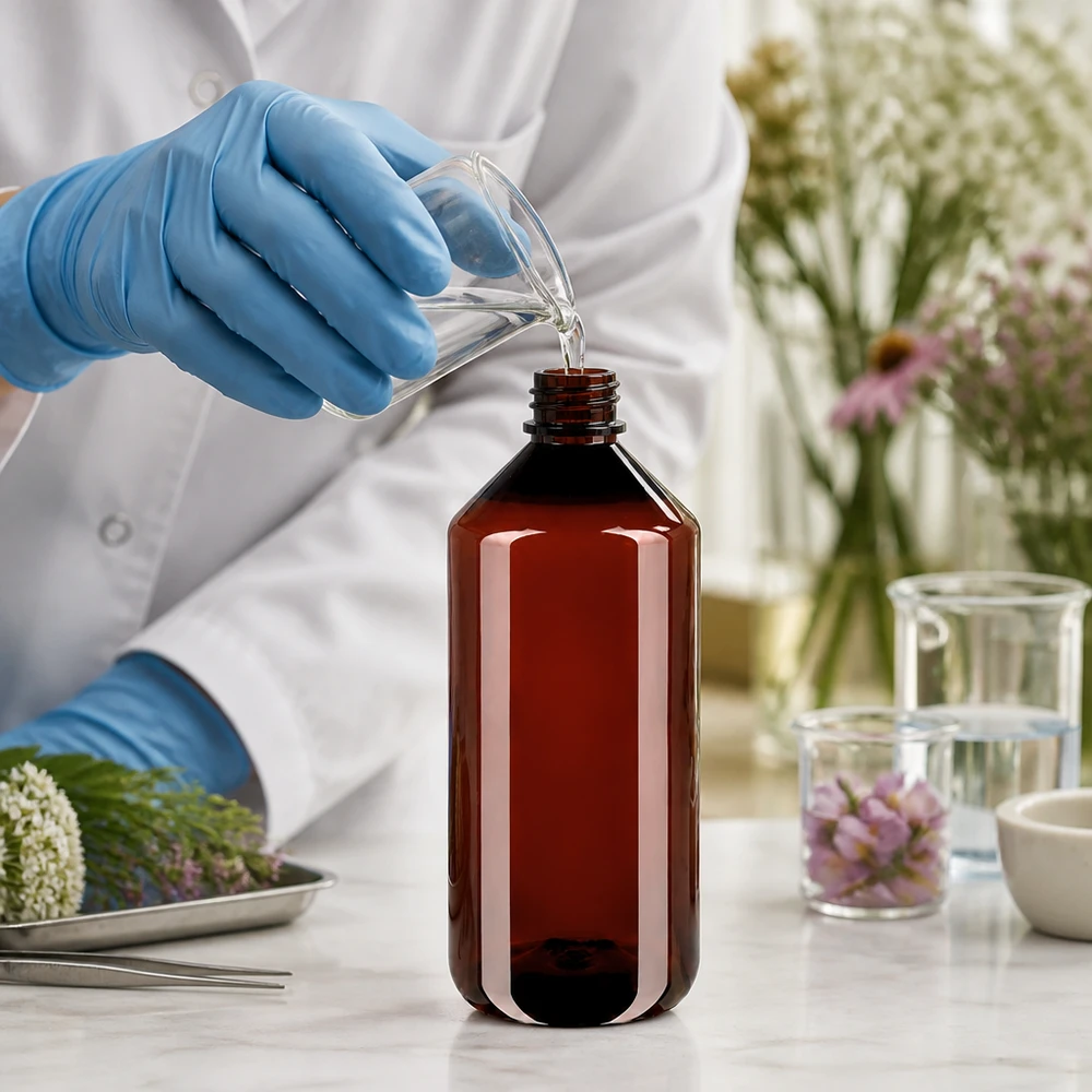 Butelka PET 1000ml z zieloną nakrętką OV Butelka apteczna o pojemności 1000 ml, wykonana z brązowego tworzywa PET, z oryginalnym zielonym zamknięciem zabezpieczającym przed dziećmi