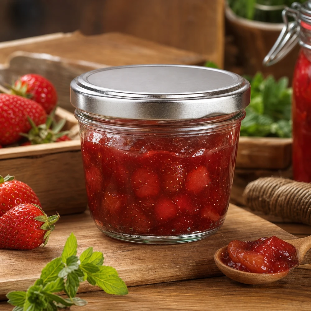 Słoik 230 ml z pokrywką BasicSeal w kolorze srebrnym UN.. 230 ml słoik ze srebrną pokrywką BasicSeal wypełniony dżemem truskawkowym na drewnianej desce ze świeżymi truskawkami