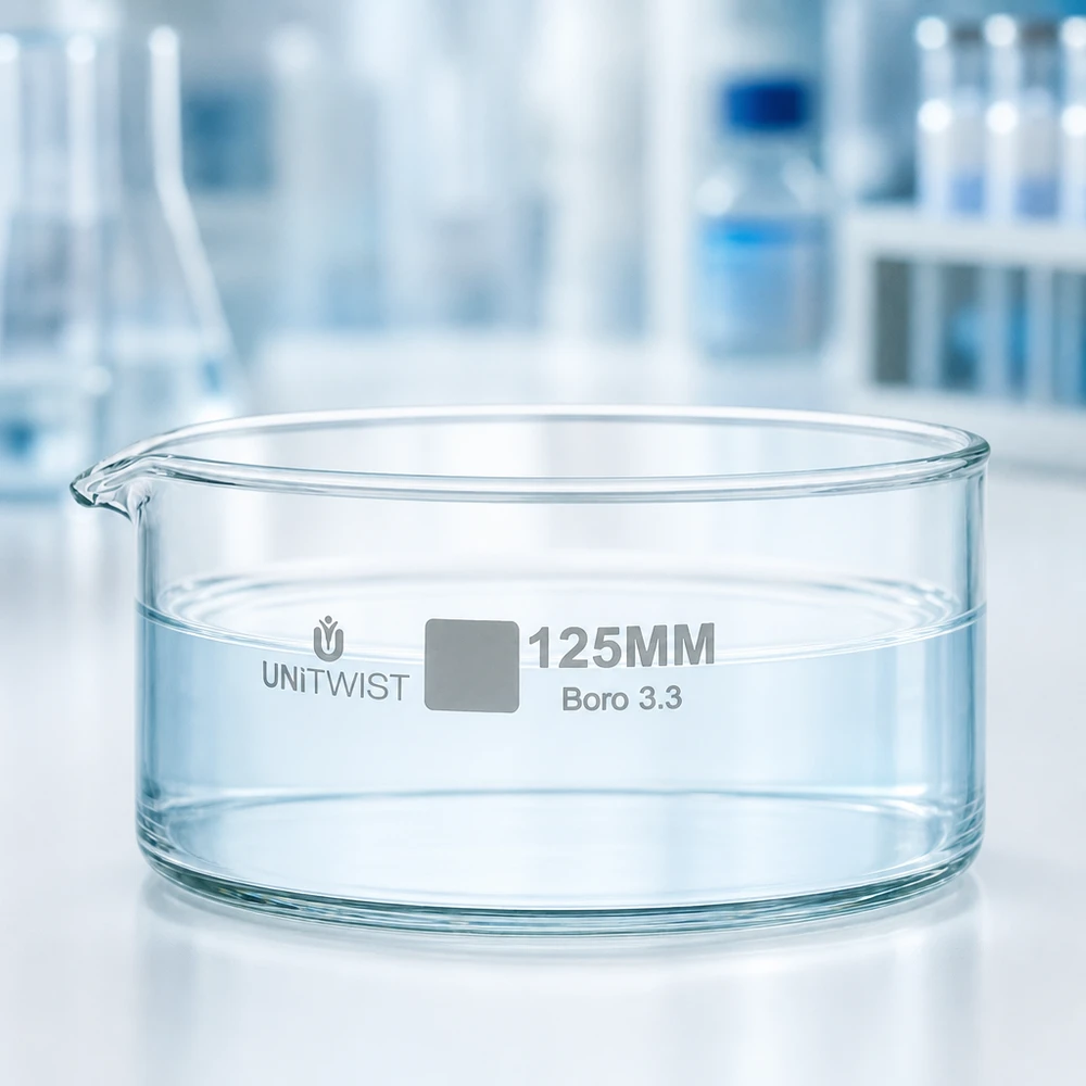 Pusta miska krystalizacyjna 125 mm UNiTWIST ze szkła borokrzemowego Boro 3.3, płaska konstrukcja, mocowanie laboratoryjne