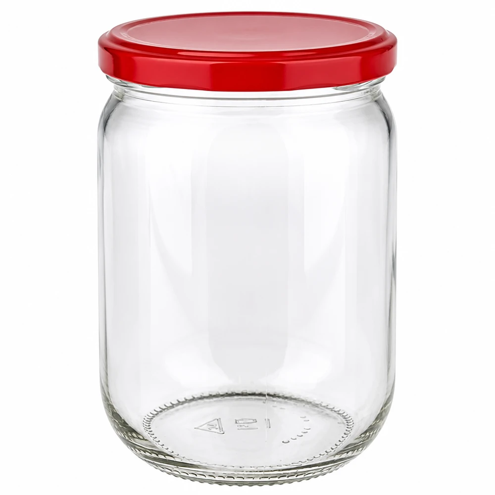 Okrągła szklanka 555 ml + pokrywka BasicSeal w kolorze czerwonym UNiTWIST Okrągły słoik o pojemności 555 ml z czerwoną pokrywką BasicSeal z przezroczystego szkła, przeznaczony do wekowania i przechowywania zapasów