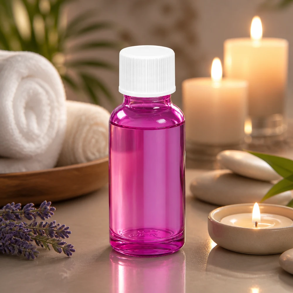 Elegancka butelka o pojemności 20 ml w kolorze promiennego fioletu z białą nakrętką dla spa i wellness