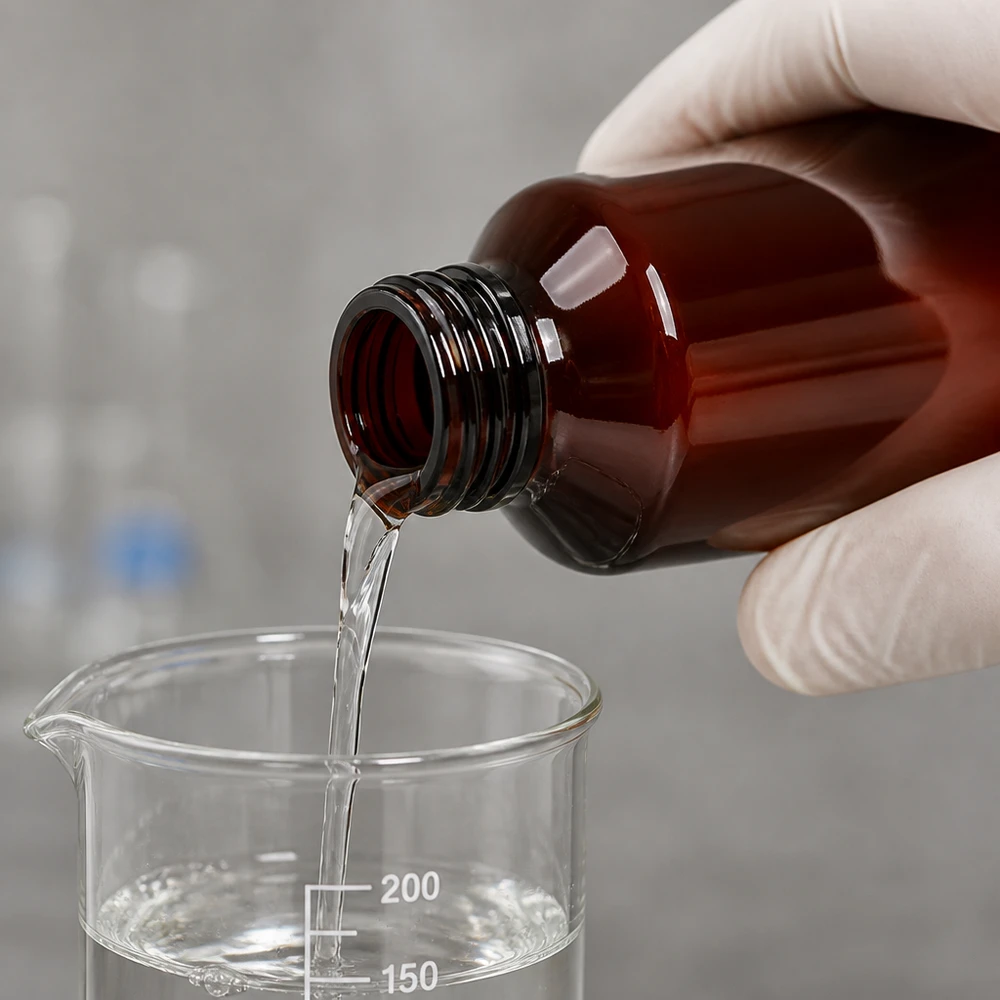 Laborant przelewa przezroczysty płyn z brązowej butelki PET o pojemności 200 ml do szklanej zlewki