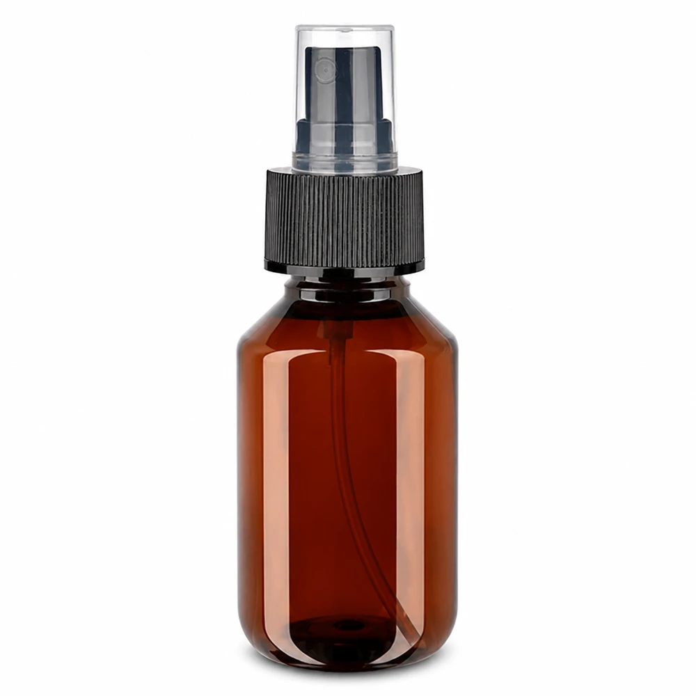 Lichtschützende Bernstein PET Flasche 100ml mit schwarzem Sprühzerstäuber für Kosmetik