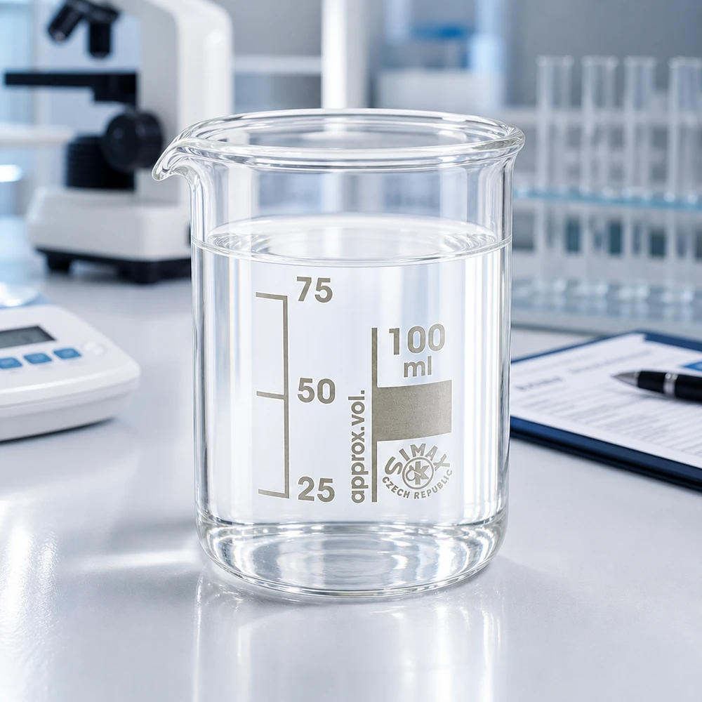 Przezroczysta zlewka 100 ml wykonana ze szkła borokrzemowego z precyzyjną skalą objętości do zastosowań laboratoryjnych