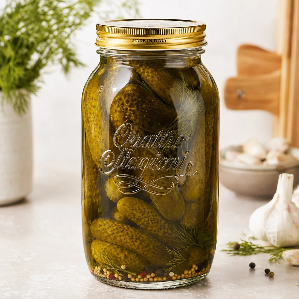 Słoik okrągły 1500 ml „Quattro Stagioni” z pokrywką Quattro Stagioni 1500ml Einmachglas gefüllt mit eingelegten Gurken und Dill zeigt praktische Verwendung als Konservengla