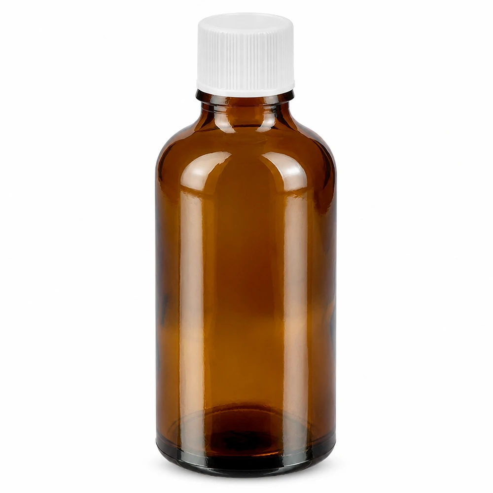 Butelka z brązowego szkła o pojemności 50 ml z białą zakrętką na leki i olejki eteryczne