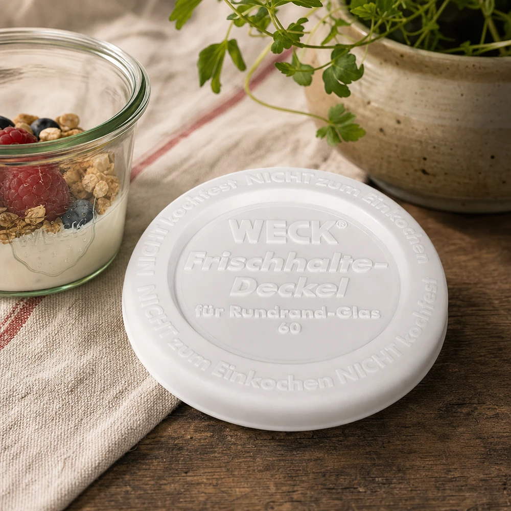 Pokrywka WECK keep-fresh RR60 biała plastikowa pokrywka na drewnianym stole obok jogurtu z jagodami naturalna dekoracja kuchenna