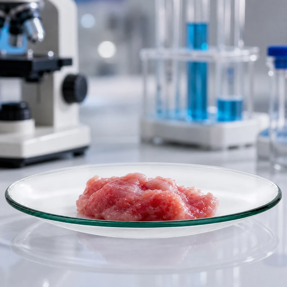 Szklane naczynie 110 mm z czerwoną substancją na białej powierzchni laboratoryjnej obok mikroskopu i probówek.