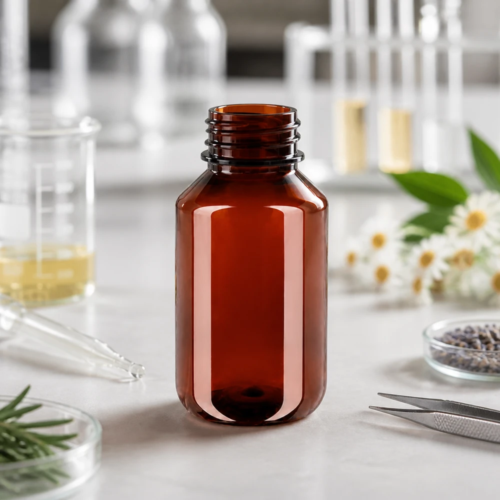 Butelka PET 100ml z pompką dozującą czarna Pusta butelka PET o pojemności 100 ml w kolorze bursztynowym, bez nakrętki, na białym blacie laboratoryjnym