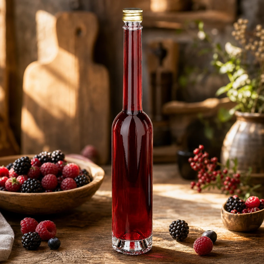Szklana butelka 100 ml Toni i srebrna zakrętka UNiTWIST® 100 ml szklana butelka Toni wypełniona likierem jagodowym - złoty korek UNiTWIST w rustykalnej kuchni ze świeżymi jagodami