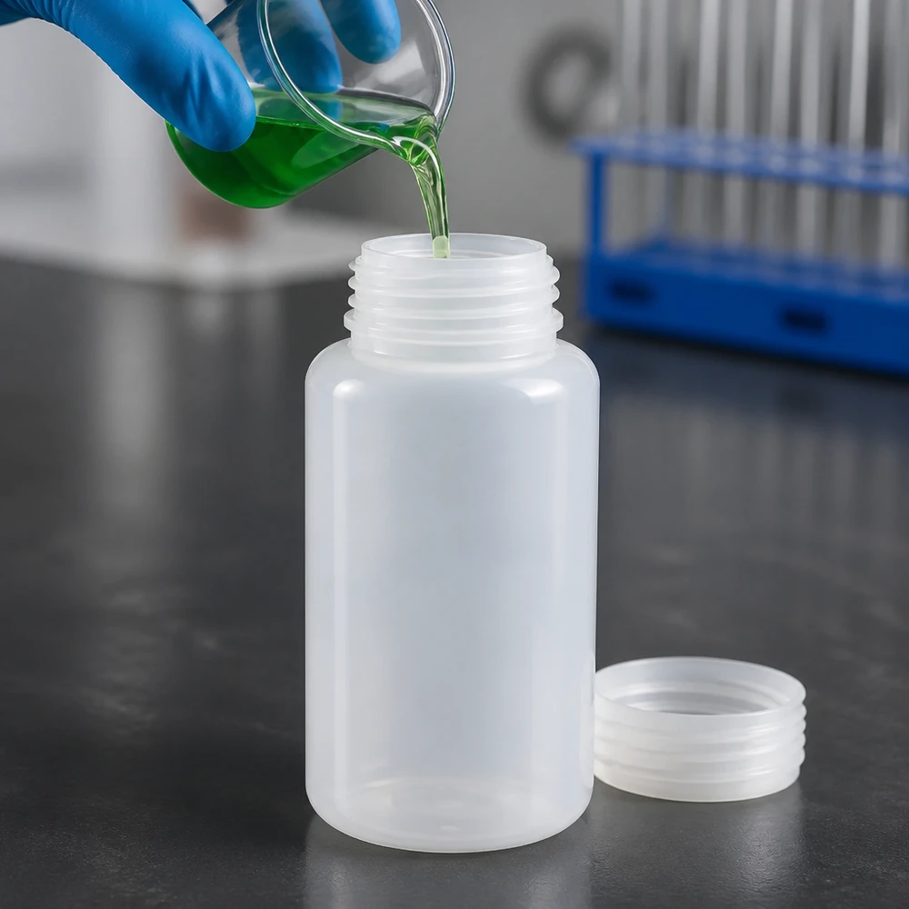 Butelka laboratoryjna 1000 ml z szeroką szyjką bez zakrętki Zieloną substancję chemiczną wlewa się do plastikowej butelki laboratoryjnej o szerokiej szyjce o pojemności 1000 ml, bez nakrętki