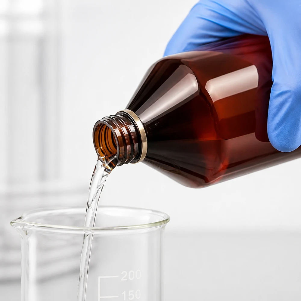 Laborant napełnia zlewkę o pojemności 250 ml z brązowej butelki PET o pojemności 750 ml z zakrętką