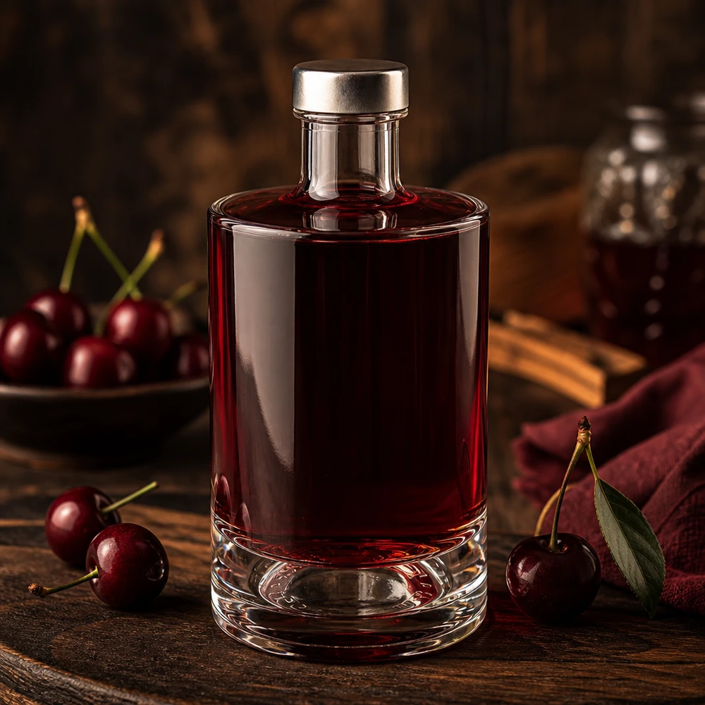 Butelka szklana 375 ml Sam i zakrętka srebrna UNiTWIST® 375 ml szklana butelka Sam z wiśniowo-czerwonym wypełnieniem i srebrnym korkiem pomiędzy świeżymi wiśniami na drewnianym stole