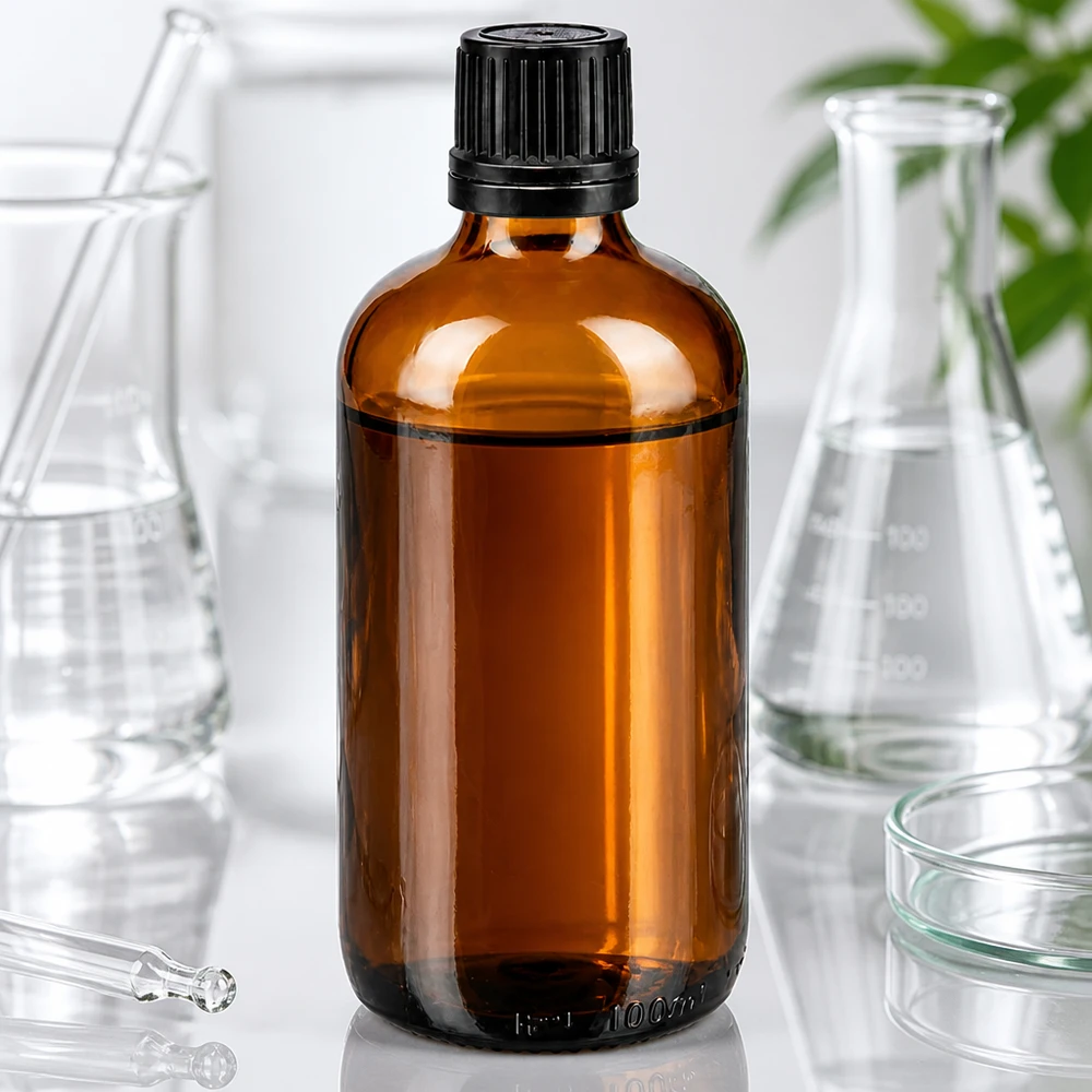 Butelka apteczna brązowa 100ml drip v. Pr 1mm czarny OV Butelka apteczna o pojemności 100 ml z brązowego szkła z czarną zakrętką i wkładem kroplomierzem 1 mm w laboratorium
