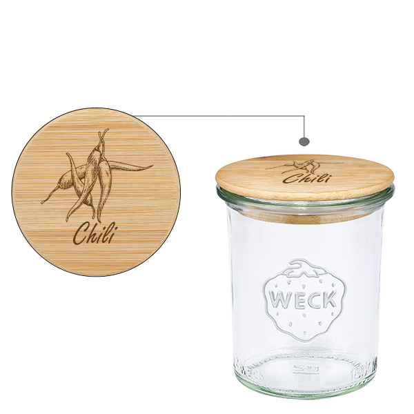 Drewniana pokrywa „Chili” z szklanym wkładem WECK 160 ml Drewniana pokrywa „Chili” z szklanym wkładem WECK 160 ml