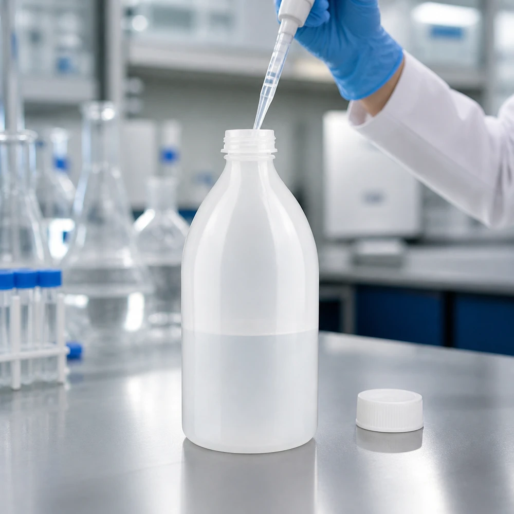 Laborant befüllt 500ml Enghals Schraubflasche mit Messpipette und Schutzhandschuhen
