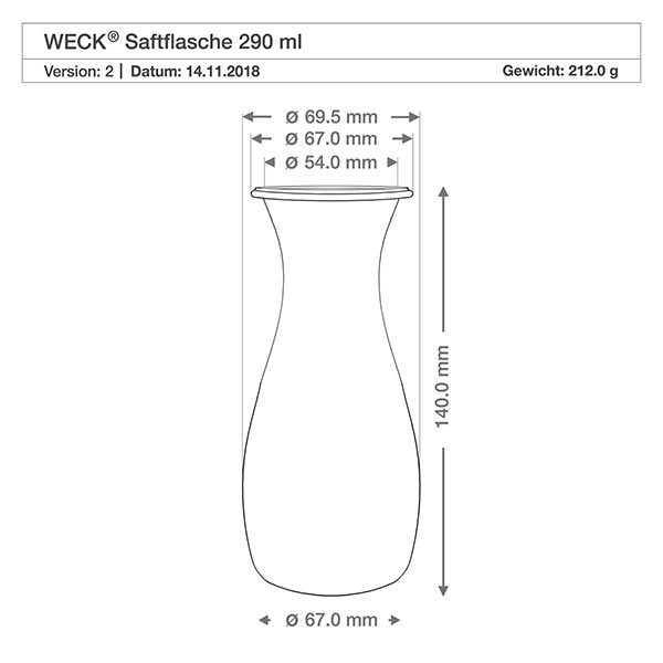 Zestaw 48 słoików Weck o pojemności 290 ml z 48 szklanymi pokrywkami Rysunek techniczny butelki na sok WECK 290ml RR60 o wymiarach i wadze 212g, szczegółowa specyfikacja produktu