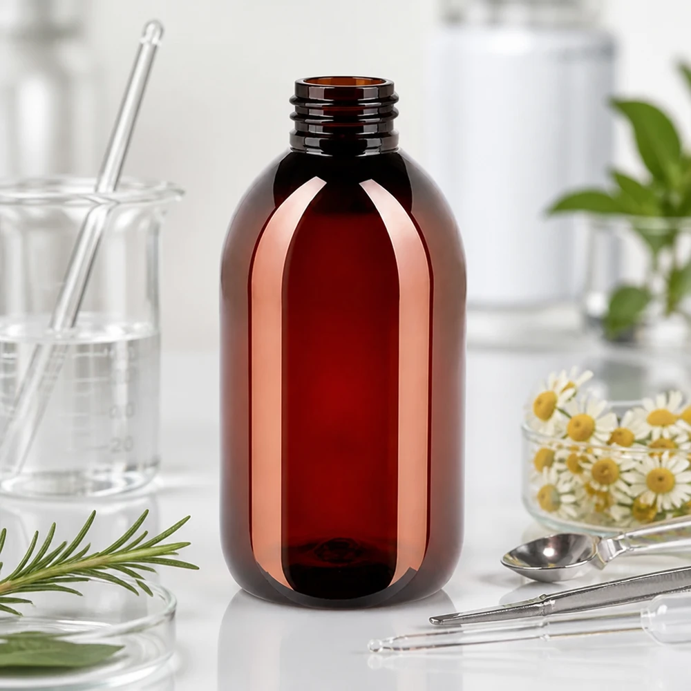 Pusta brązowa butelka PET o pojemności 250 ml z gwintem do zakrętki odgazowującej w kolorze czerwonym